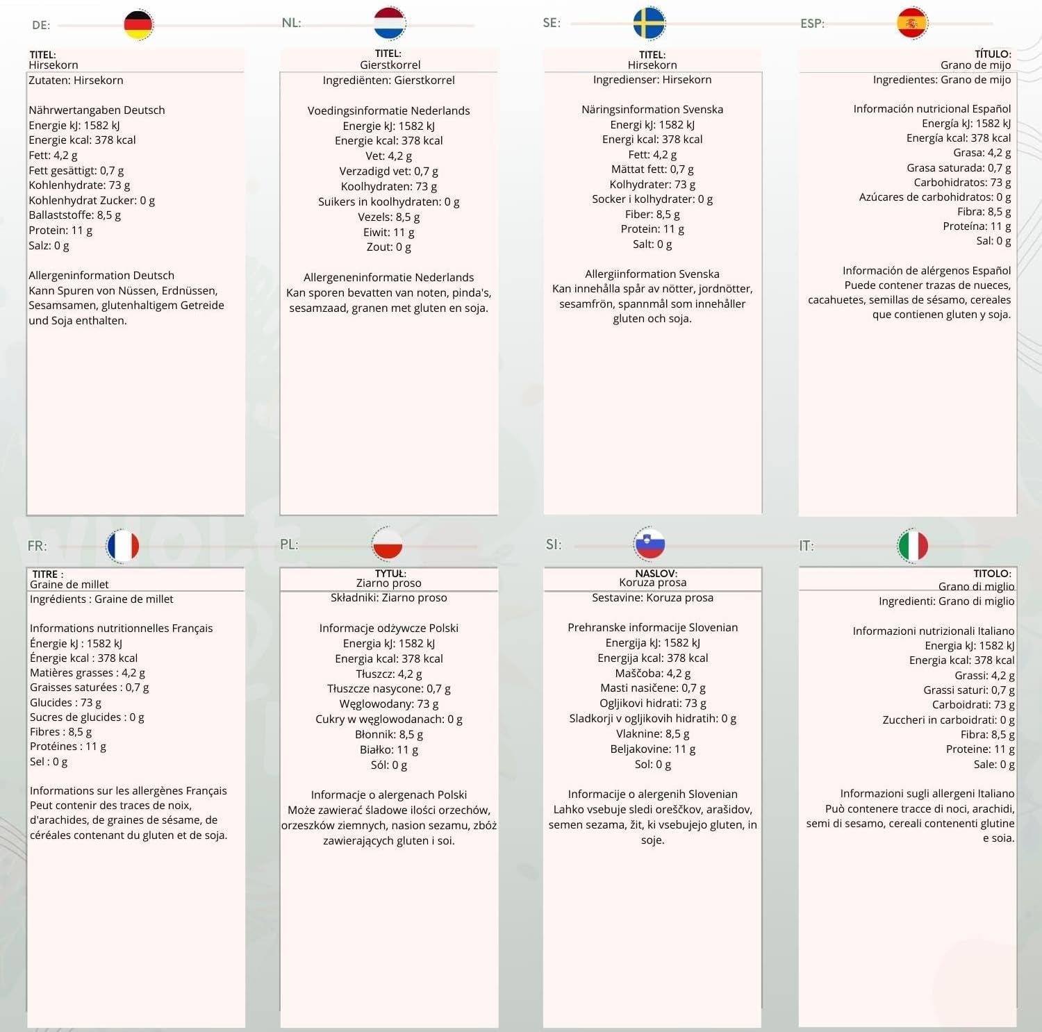 Mijo integral Earth - sin OGM - natural - vegano - sin lácteos - sin azúcares añadidos - 1 kg