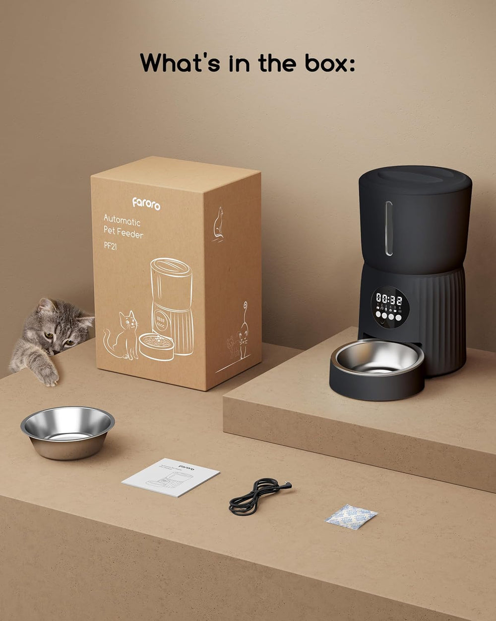 Faroro Futterautomat Katze, 4L Katzenfutter Automat, Futterspender Katze Mit 1–6 Mahlzeiten Per Tag, Portionskontrolle, 10s Sprache, Langsames Füttern (Schwarz)