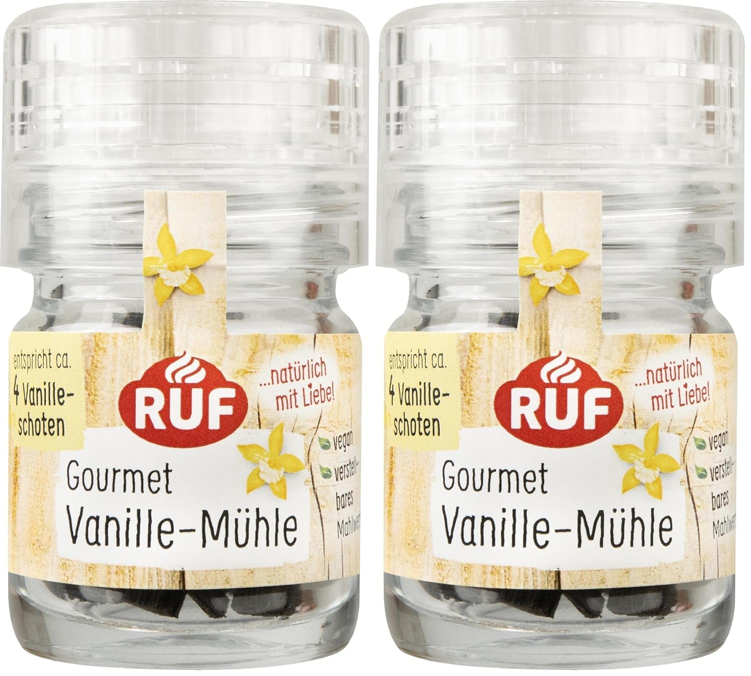 RUF Bio Bourbon Vanille-Mühle, Gewürz-Mühle aus aroma-sicherem Glas, Vegan, Verstellbares Mühlwerk, Vanilleschoten zum Backen und Kochen, 1 x 7,5 g