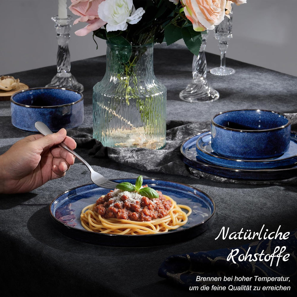 Set de veselă Homikit, set de veselă cu 12 piese pentru 4 persoane, serviciu de cină combinat cu farfurii, farfurii de desert și boluri pentru cereale, potrivit pentru cuptorul cu microunde și mașina de spălat vase, albastru elegant