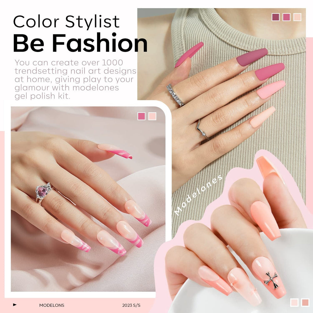 Modelones Set de 35 de bucăți pentru unghii cu gel, Set de ojă UV cu lampă 48W, Set de ojă gel maro nud alb roz, Set de ojă gel UV cu bază top coat Set studio unghii