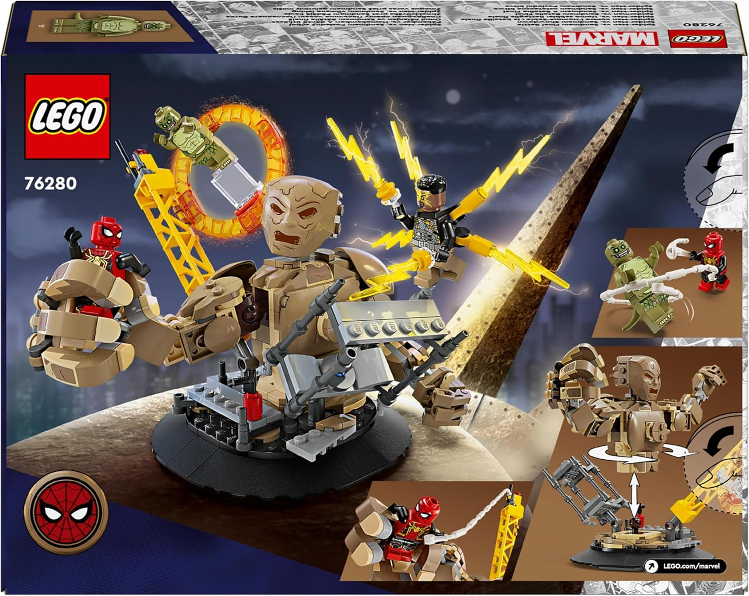 LEGO Marvel Spider-Man vs. Sandman: Enfrentamiento Juguete de superhéroe con figuras que incluyen un lagarto y un juego de rol eléctrico Juguete de construcción Regalo para niños y niñas entusiastas de la acción 76280 Juegos de construcción Besuche den LEGO-Store