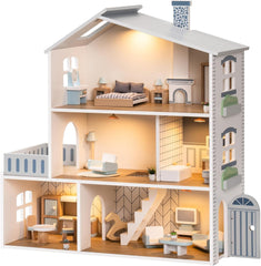 ROBUD Casă de păpuși din lemn cu lumini, 3 etaje, include mobilier și scări, jucărie pentru copii de 3 ani și peste