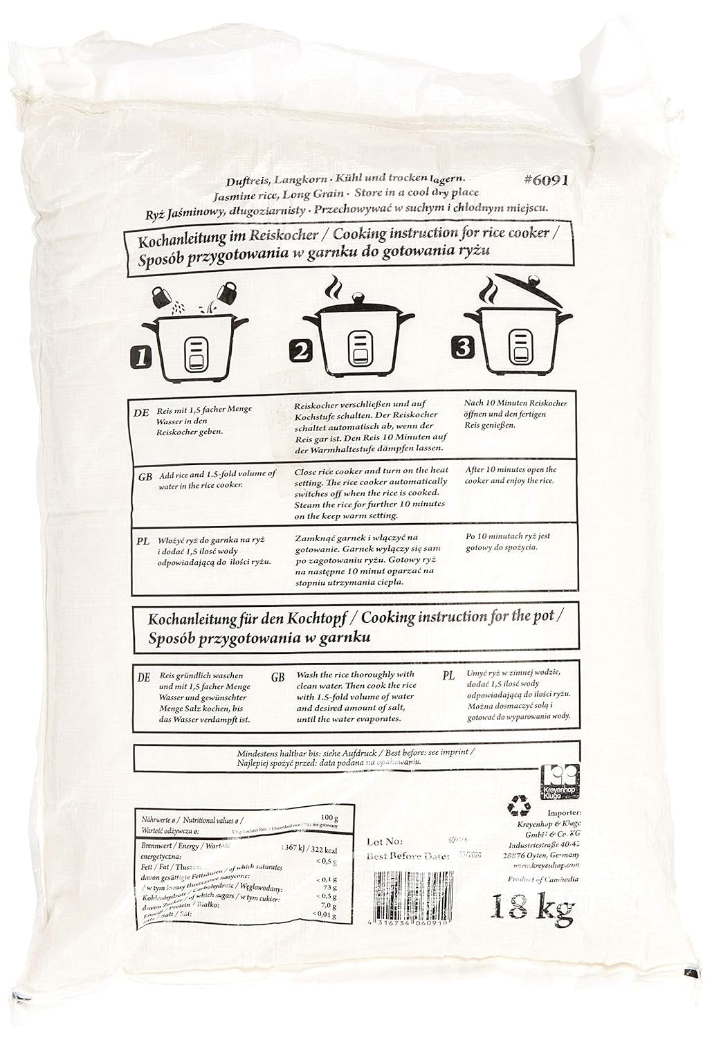 Arroz aromático/arroz jazmín, grano largo, calidad AAA, 1 paquete (1 x 18 kg)