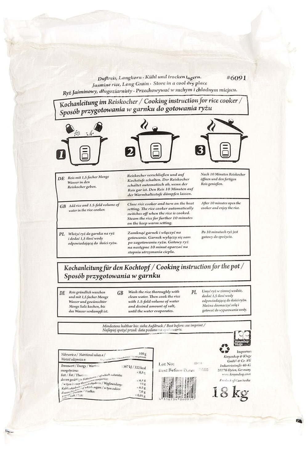 Arroz aromático/arroz jazmín, grano largo, calidad AAA, 1 paquete (1 x 18 kg)