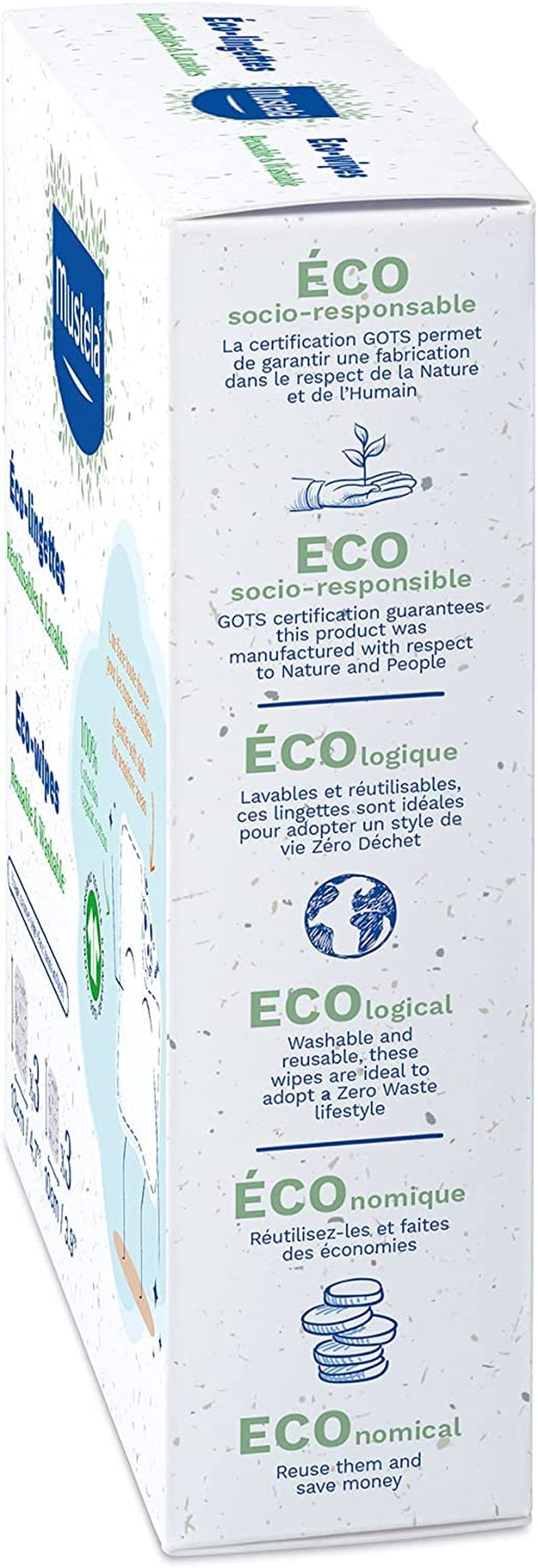 Pañales corporales y de maquillaje reutilizables 100% algodón GOTS para bebés y toda la familia: limpia la piel y absorbe la suciedad, adecuados para pieles sensibles (paquete de 6)