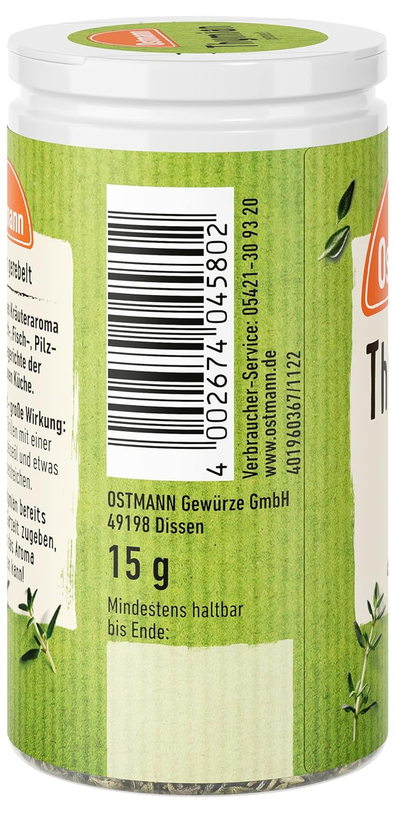 Ostmann Thyme gerebelt 15 g Thyme-Gewürz für viele Fleisch-, Fisch-, Pilz-, und Gemüsegerichte der Mediterranen Küche, Cantidad: 1 unidad