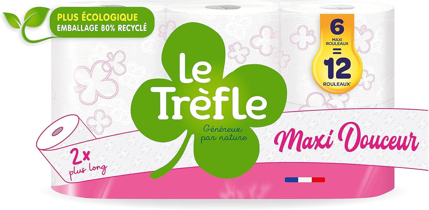 Hârtie igienică Maxi Douceur - 36 de role maxi - 72 de role clasice - grosime dublă - ambalaj din plastic reciclat 80%