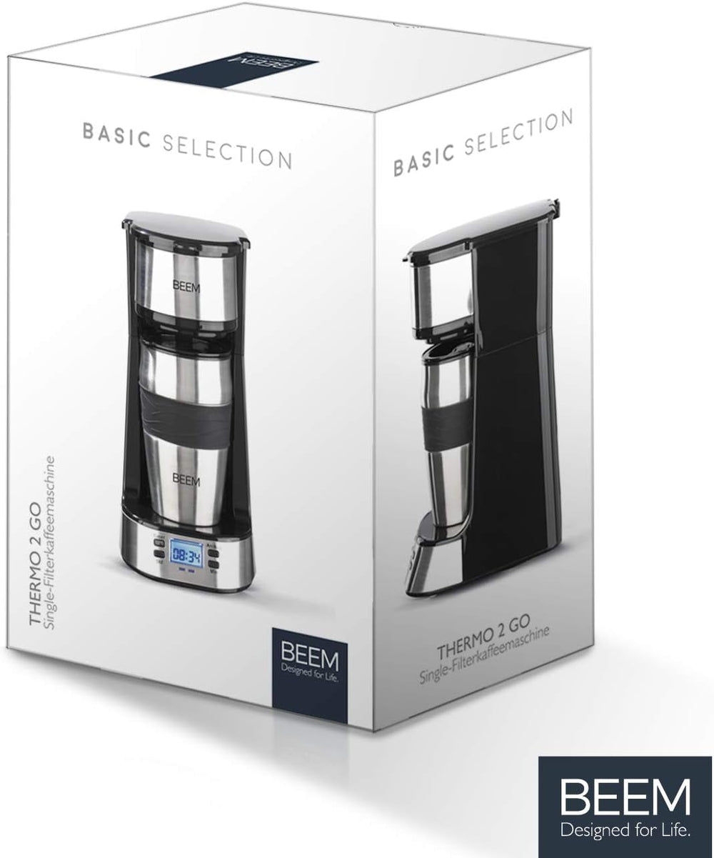 Espressor cu filtru unic BEEM THERMO 2 GO cu cană termică de 0,4 l | Filtru permanent | Cu cronometru de 24 de ore pentru o ceașcă de cafea fierbinte dimineața, fără așteptare | 750 W