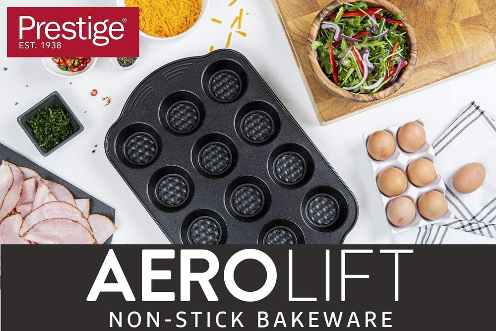 Prestige 48227 Aerolift Muffin Zinn, Acero al Carbono, Schwarz Moldes y bandejas para horno Naty Shop