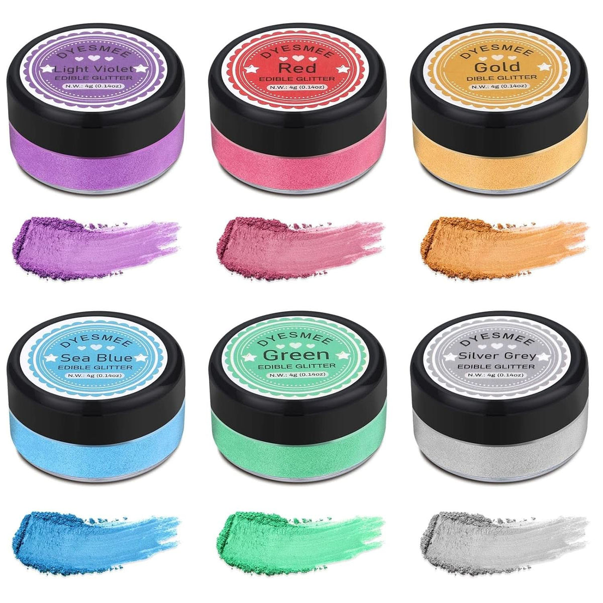 Glitter comestible, Set de 4 o 6 tonos de colores, 4 gramos por producto Glitter Naty Shop 6 colores
