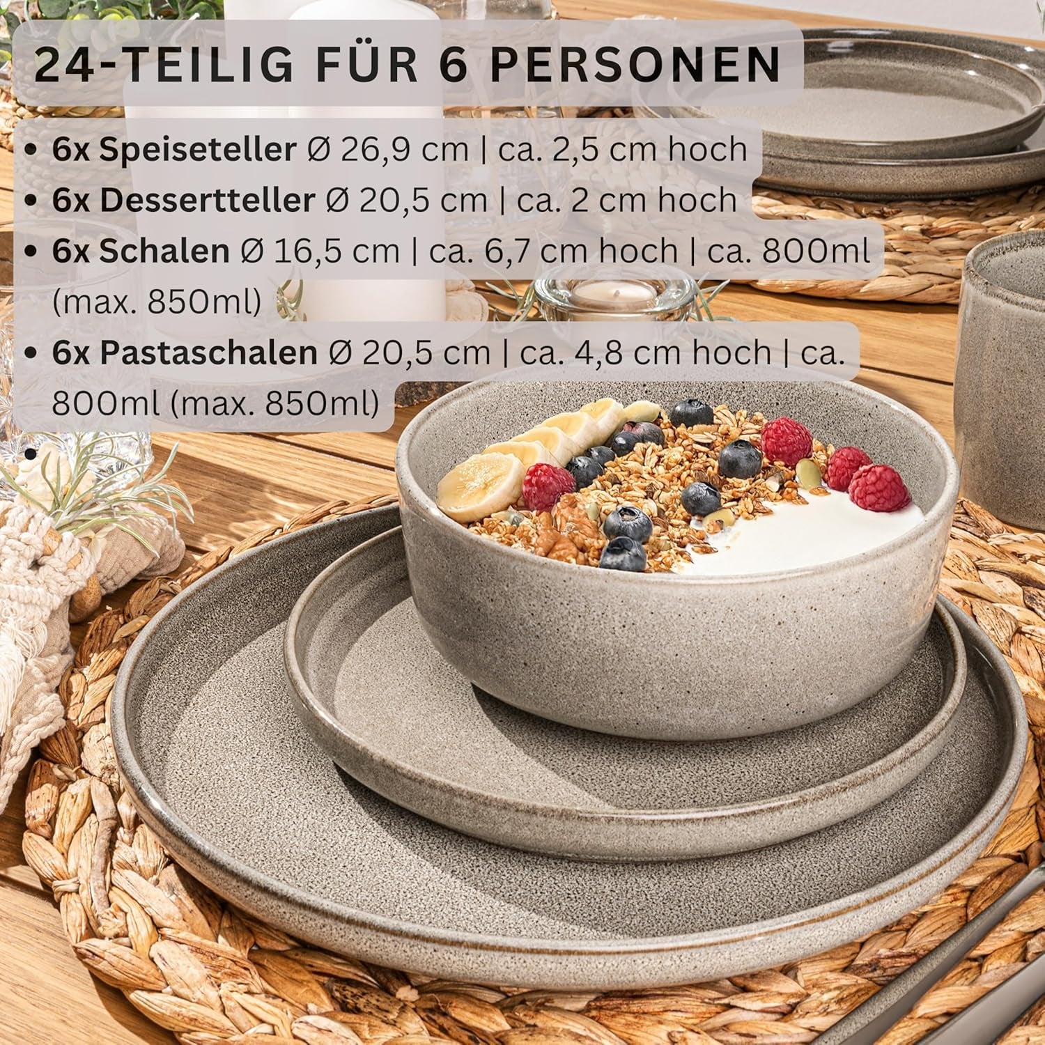 SÄNGER Cairo Clay | Set de veselă 24 piese, set de veselă din gresie pentru 6 persoane, 6 farfurii, 6 farfurii de desert, 6 boluri pentru paste, 6 boluri pentru servire, set de veselă gri | COLECȚIA VALUE