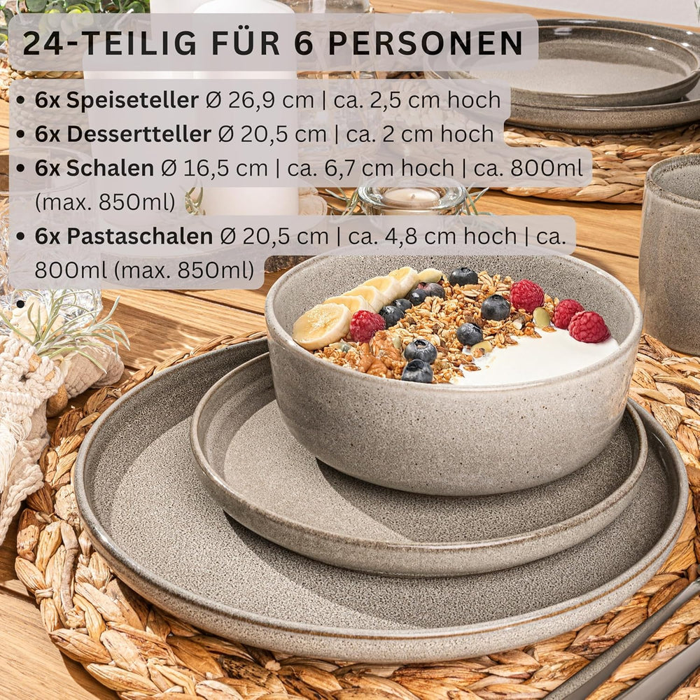 SÄNGER Cairo Clay | Set de veselă 24 piese, set de veselă din gresie pentru 6 persoane, 6 farfurii, 6 farfurii de desert, 6 boluri pentru paste, 6 boluri pentru servire, set de veselă gri | COLECȚIA VALUE