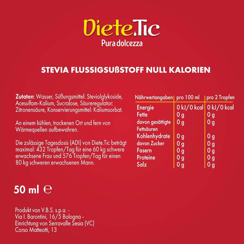 Diete.Tic Edulcorante líquido con Stevia, cero calorías, práctico paquete de 3 x 50 ml (1000 gotas), sin gluten, sin conservantes, ideal para endulzar bebidas, yogures y ensaladas de frutas