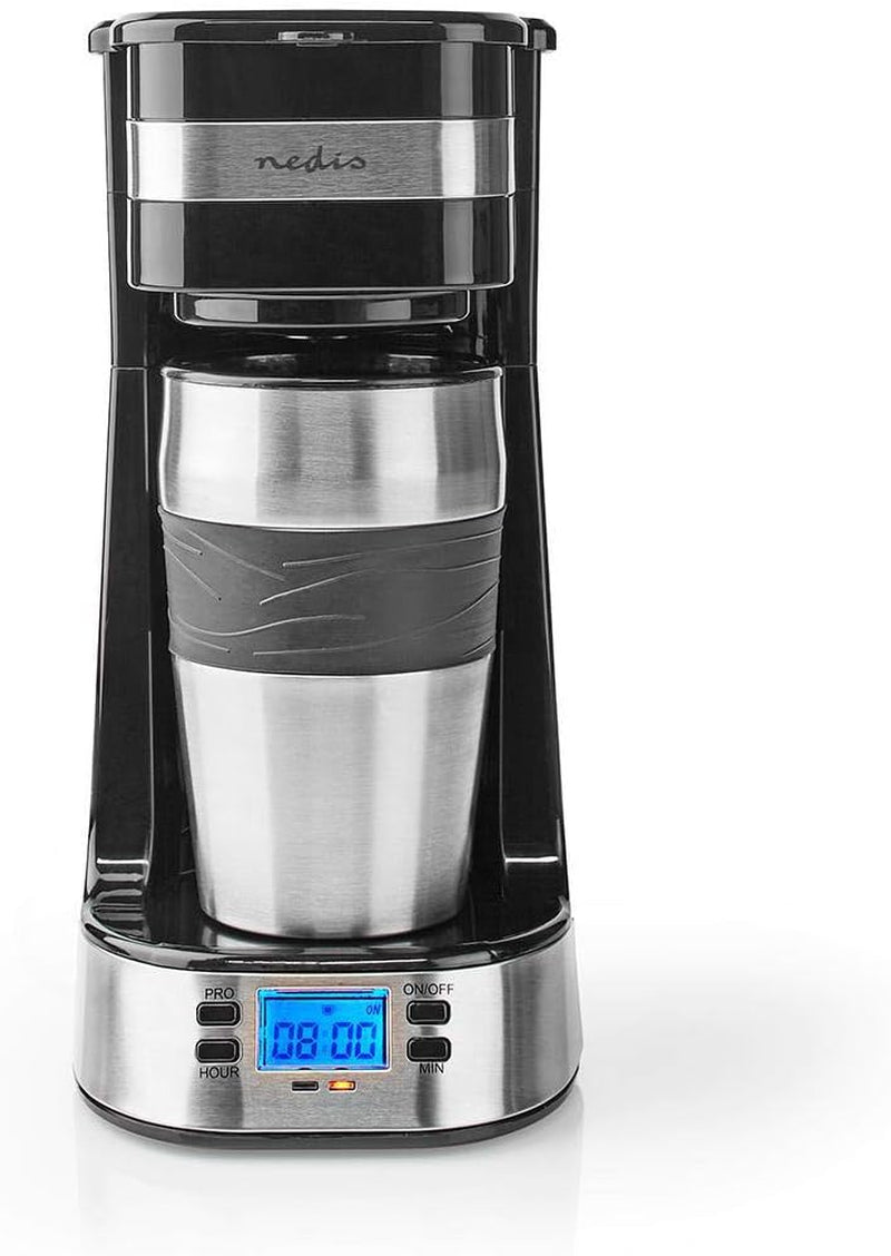 Espressor NEDIS - Cafea Filtrată - 0,4 l - 1 Ceașcă - Cronometru - Negru / Argintiu