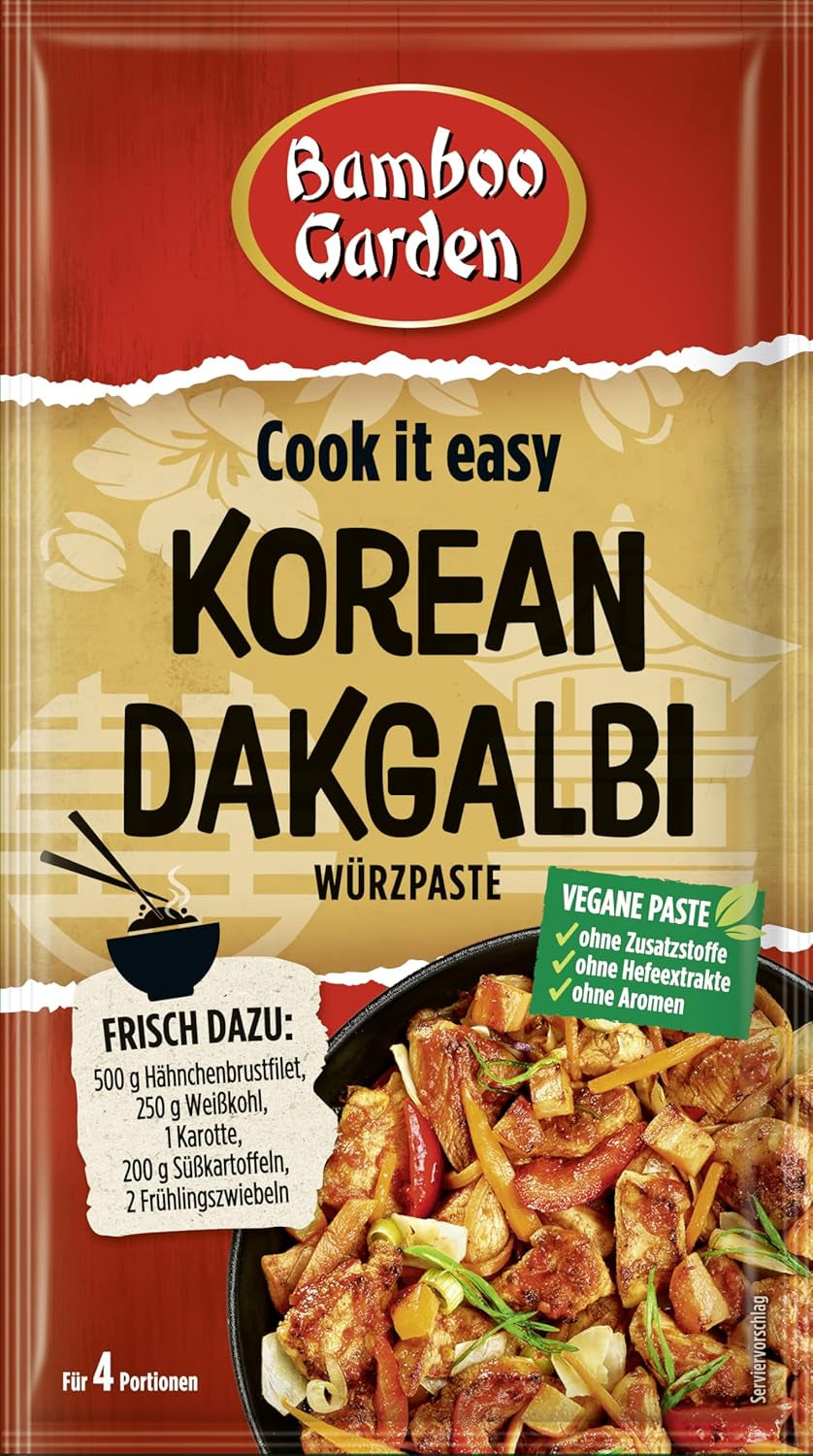 Jardín de bambú - Dakgalbi Würzpaste coreano | Zum Marinieren von Hühnchen, Gemüse und Tofu | Para 4 porciones | Ingredientes veganos y naturales | 50 gramos en bolsa