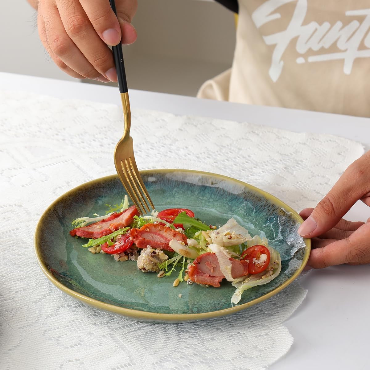 Henten Home Farfurii din gresie specială, boluri pentru gustări și sosuri - 20x17cm pentru 4 persoane, farfurii de mic dejun din porțelan - design modern verde