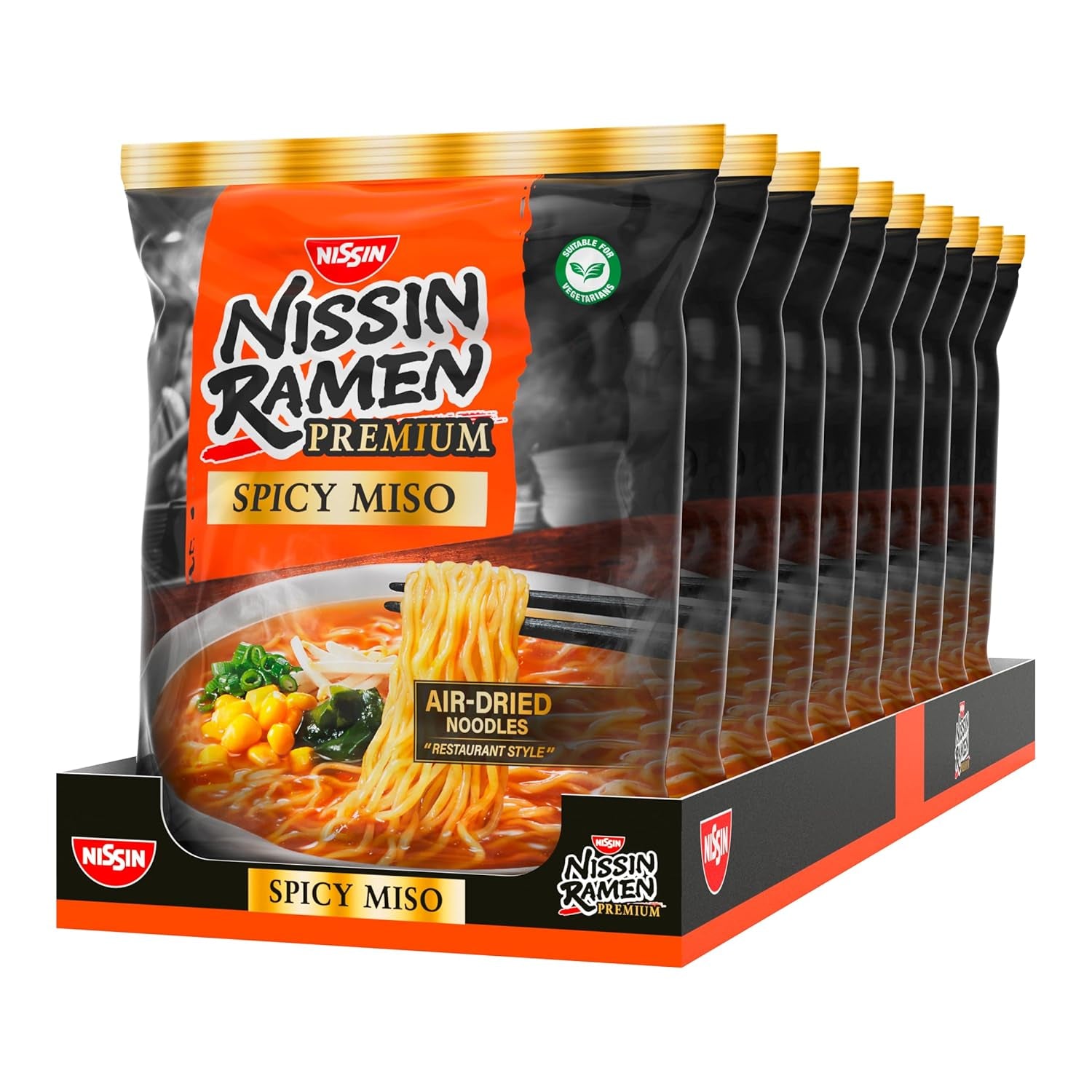 Nissin Ramen Premium - Miso Spicy Paquete de 10 fideos instantáneos secos al aire estilo japonés para ramen 'estilo restaurante' con un sabor ligeramente picante de miso y hojuelas de wakame (10 x 90,7 g)