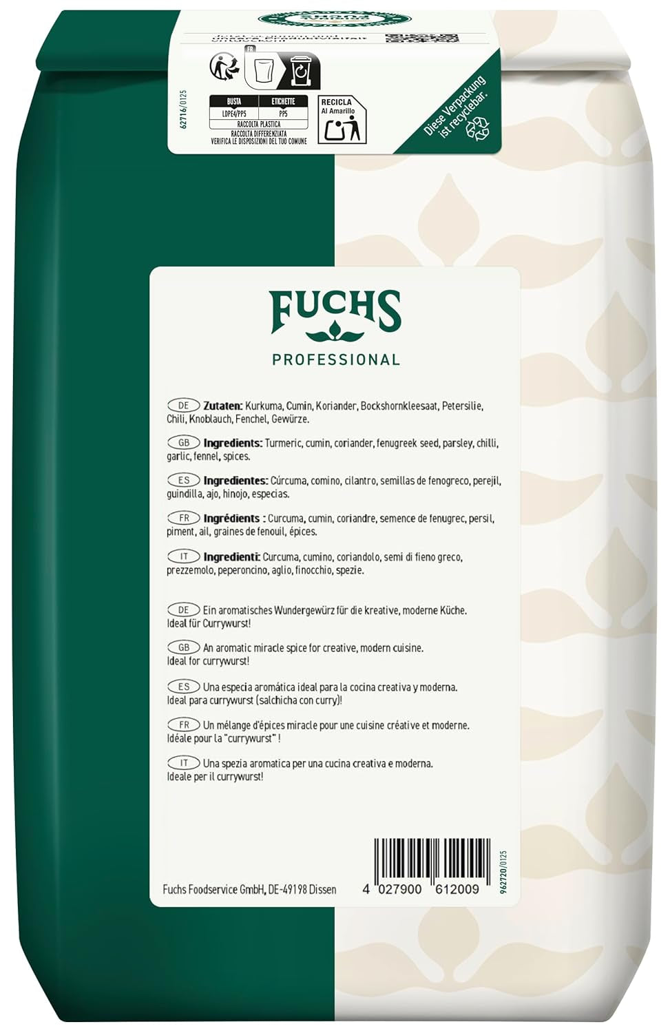 Fuchs Professional - Curry estilo inglés "Goldelephant" | Zum Würzen von Suppen, Saucen und Reisgerichten | Calidad profesional para grandes empresas gastronómicas y gastronómicas | Bolsa reciclable de 1 kg.