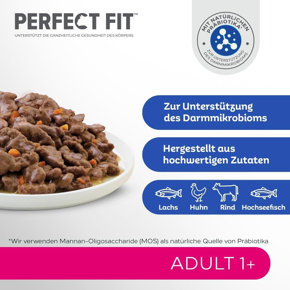 Selecție de hrană umedă Perfect Fit Adult 1+ cu somon, pește de adâncime, vită și pui, 48 de pliculețe, 12x85g (pachet de 4) – Hrană umedă premium pentru pisici adulte de la vârsta de 1 an