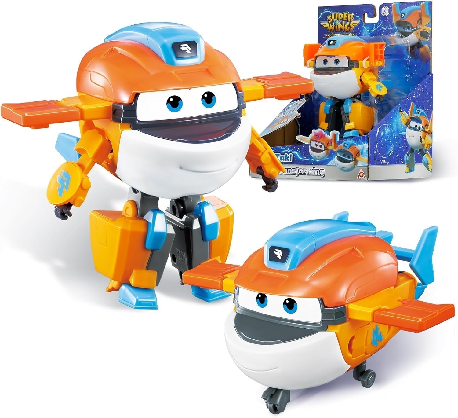 Avión de transformación Super Wings Traver sobrealimentado, aprox. Figura de juego para niños grande de 12,7 cm Figura de avión y robot de juguete para niños y niñas mayores de 3 años Figuras de acción plateadas Naty Shop Taki