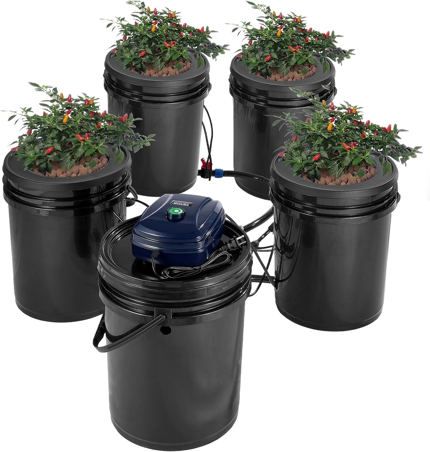VEVOR DWC Sistema de cultivo hidropónico Kit de maceta de goteo Sistemas de cultivo hidropónicos Cultivo en aguas profundas 4 cubos de 20 litros con bomba de aire Piedras de aire e indicador de nivel de agua para vegetales de hojas verdes