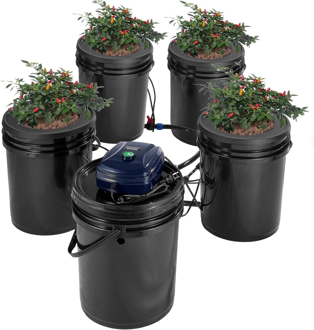 VEVOR DWC Sistema de Cultivo Hidropónico, Sistemas de Cultivo Hidropónico, Cultivo en Aguas Profundas 4 Cubos de 20 Litros, Sistema DWC con Bomba de Aire, Piedras de Aire e Indicador de Nivel de Agua para Vegetales de Hoja