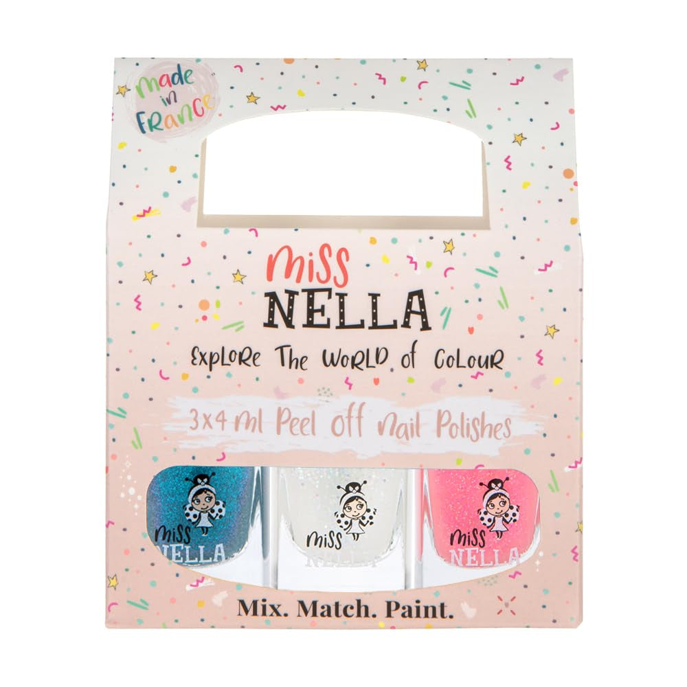 Miss Nella Magic Collection Juego de 4 esmaltes de uñas con purpurina: rosa, rojo, dorado y azul, esmalte de uñas extraíble especial para niños, no tóxico, a base de agua, inodoro