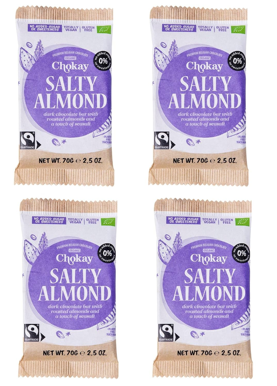 Barra orgánica - Juego de muestras de 4 piezas/Increíble negro, avellana, caramelo de nuez, almendra salada/Sin azúcar añadido, sin edulcorantes/VEGANO, SIN GLUTEN Y COMERCIO JUSTO / 4 x 70 g