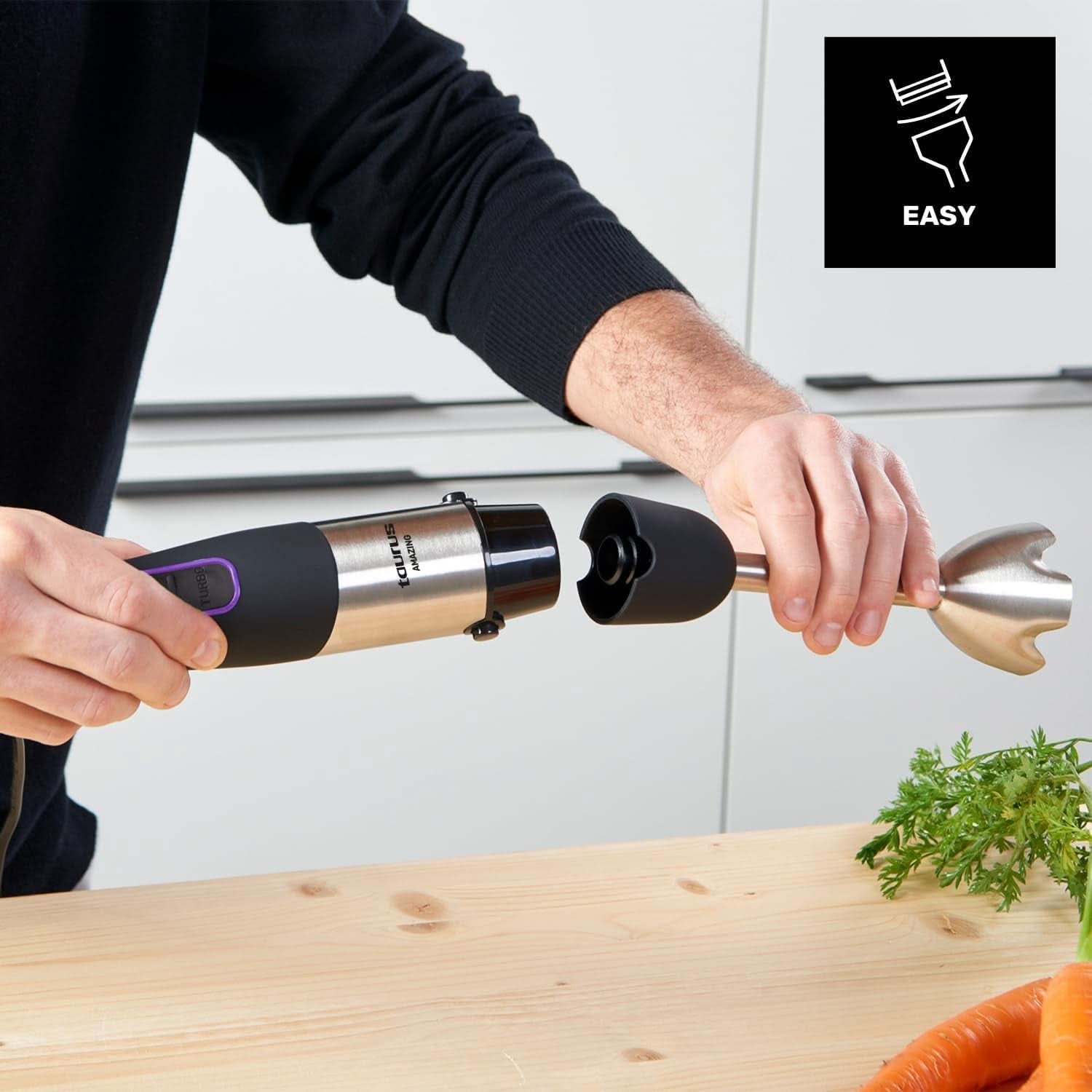 Batidora de Pie Taurus 1000W | 20 Geschwindigkeitstufen | Función turbo | 4 Edelstahlklingen | Diseño ergonómico suave al tacto | Spritzchutz | Accesorios | Edelstahl | Elektrisch |Kunststoff, Silber/Schwarz Tienda Madre e Hijo Naty