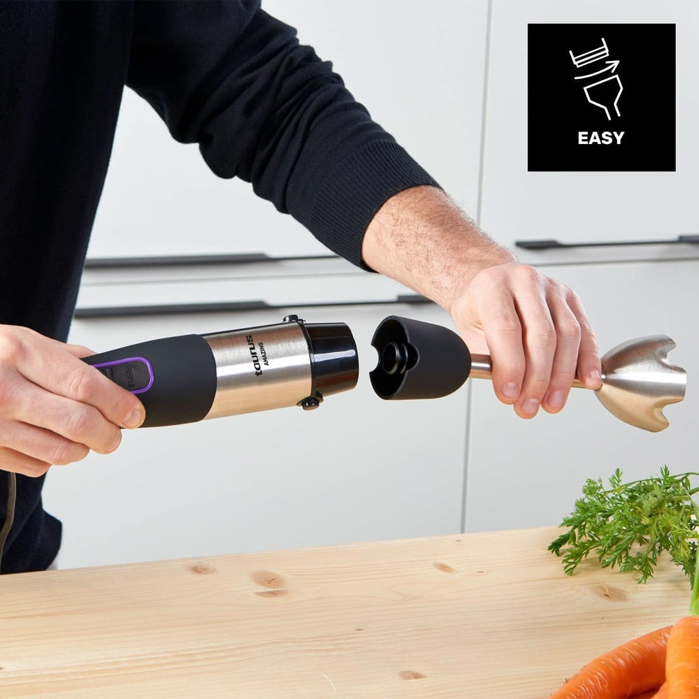 Batidora de Pie Taurus 1000W | 20 Geschwindigkeitstufen | Función turbo | 4 Edelstahlklingen | Diseño ergonómico suave al tacto | Spritzchutz | Accesorios | Edelstahl | Elektrisch |Kunststoff, Silber/Schwarz Tienda Madre e Hijo Naty