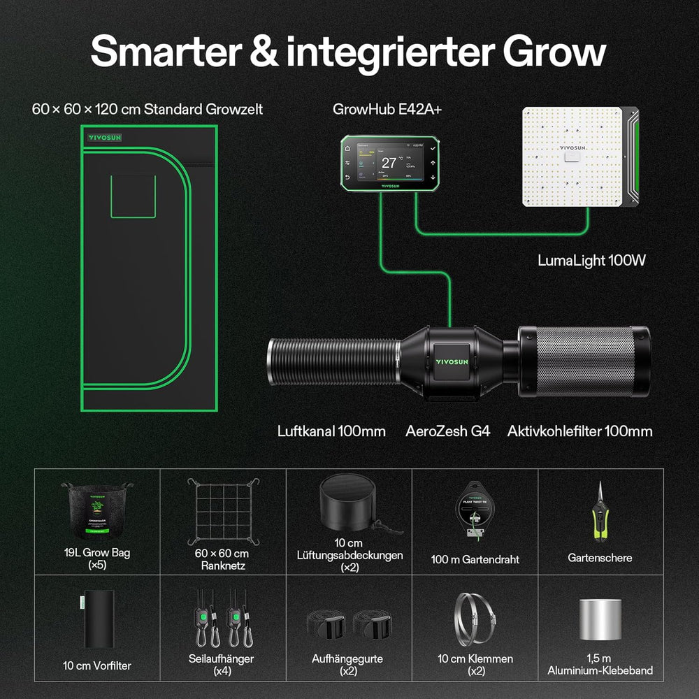 VIVOSUN Smart Grow Tent Full Set 60x60x120cm, sistema de cultivo automático WiFi integrado con luz LED de espectro completo de 100W y sistema de ventilación eficiente con controlador GrowHub E42A+