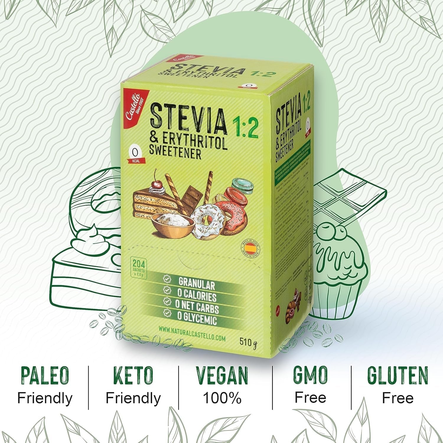 Stevia + Eritritol 1:2 Süßstoff | 204 Bolsa Mito 2.5 G | 100% Natürlicher Zuckerersatz - 0 Kalorien - 0 Glykämischer Index - Keto Und Paleo - 0 Kohlenhidrato - Kein GVO - Castello since 1907-510 G Edulcorantes Naty Shop