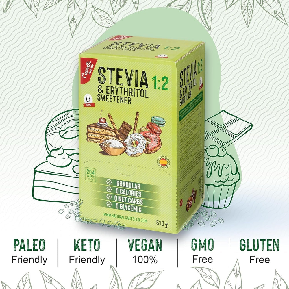 Stevia + Eritritol 1:2 Süßstoff | 204 Bolsa Mito 2.5 G | 100% Natürlicher Zuckerersatz - 0 Kalorien - 0 Glykämischer Index - Keto Und Paleo - 0 Kohlenhidrato - Kein GVO - Castello since 1907-510 G Edulcorantes Naty Shop