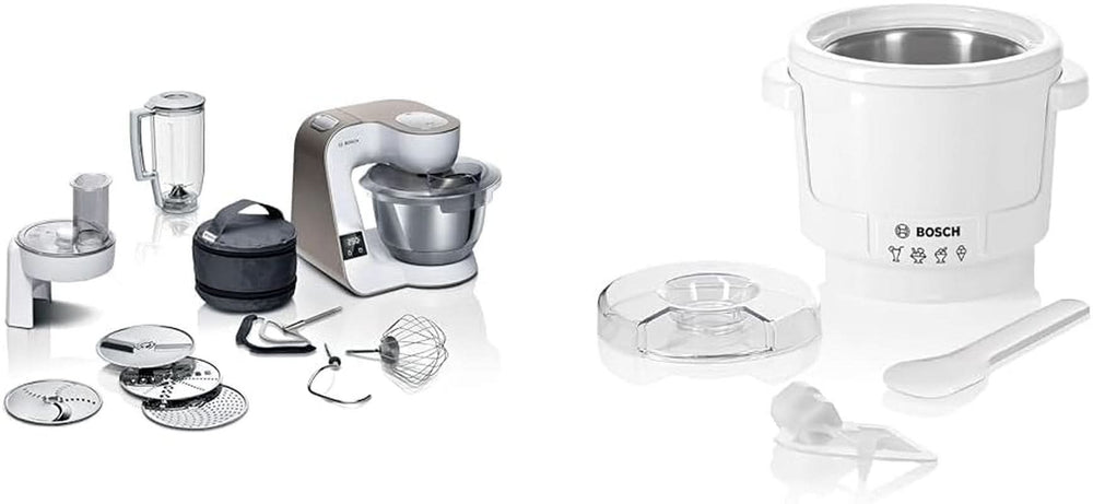 Bosch Serie 4 MUM5X720 Robot de cocina, báscula integrada, bol de acero inoxidable 3,9L, batidora 1,25L, 1000W Accesorios Alimentación y Lactancia Paquete Tienda Bebe Naty con fabricador de hielo Blanco Champán 2 accesorios