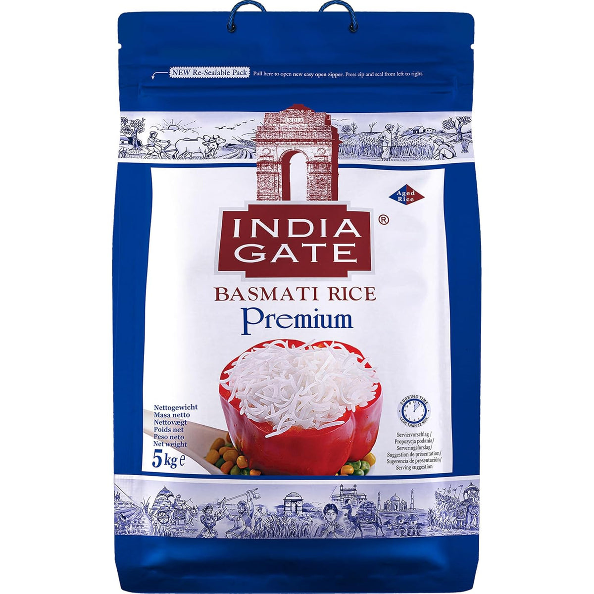 INDIA GATE Arroz Basmati Premium – Arroz fino y aromático de grano largo de la India, grano fino y largo (1 x 5 kg)