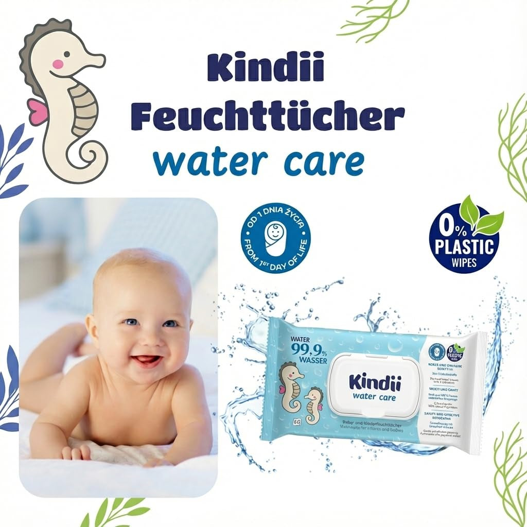 Toallitas húmedas Kindii Water Care - Toallitas Aqua Baby - 100% viscosa, 99,9% agua, extracto de pomelo, tamaño bufanda 150x200, 100% biodegradables, sin plástico, toallitas limpiadoras para pieles sensibles