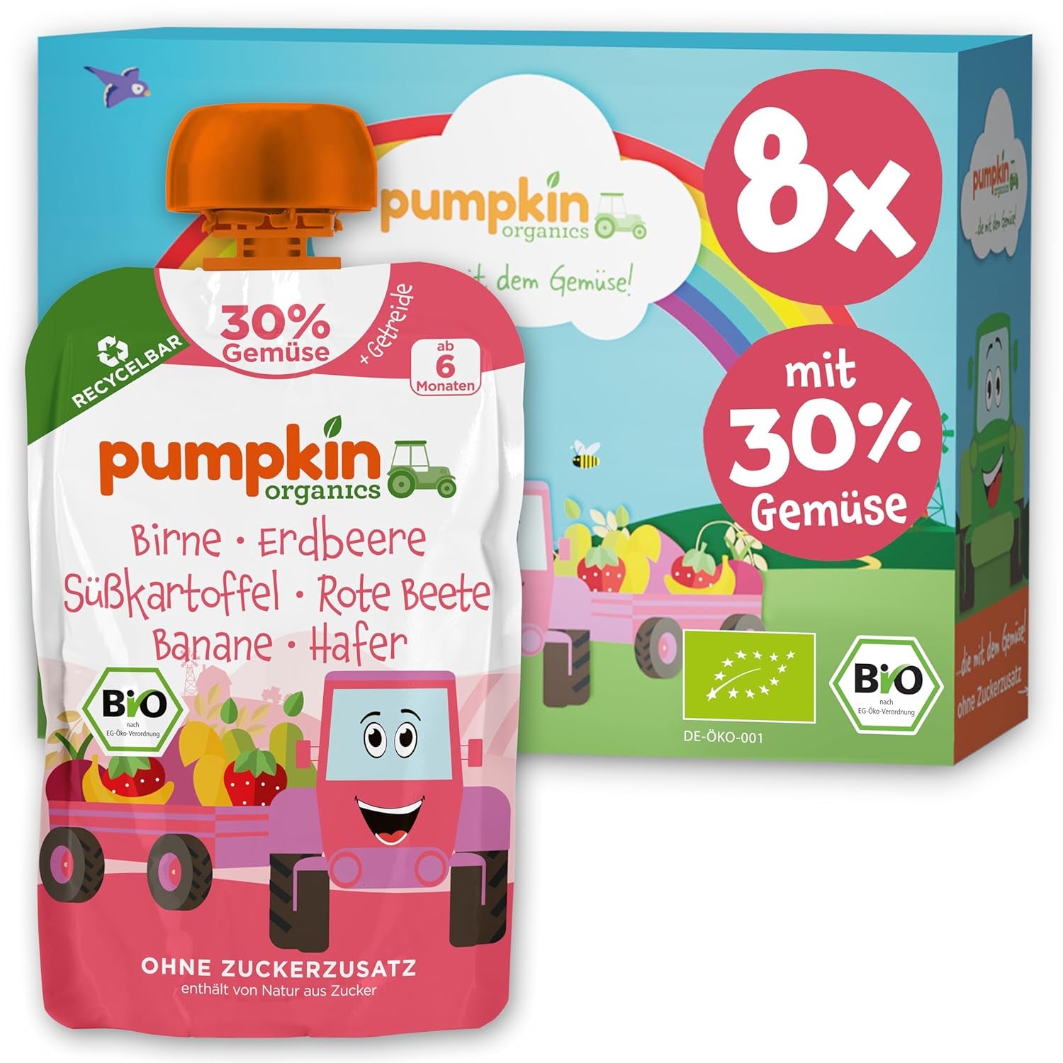 Pumpkin Organics bolsas de verduras y cereales ecológicos, pack de 8: Pera, Fresas, Boniatos, Remolacha, Plátano, Avena - Sin azúcares añadidos¹ - A partir de 6 meses - como snack o alimento complementario en el paquete (8 x 100g)