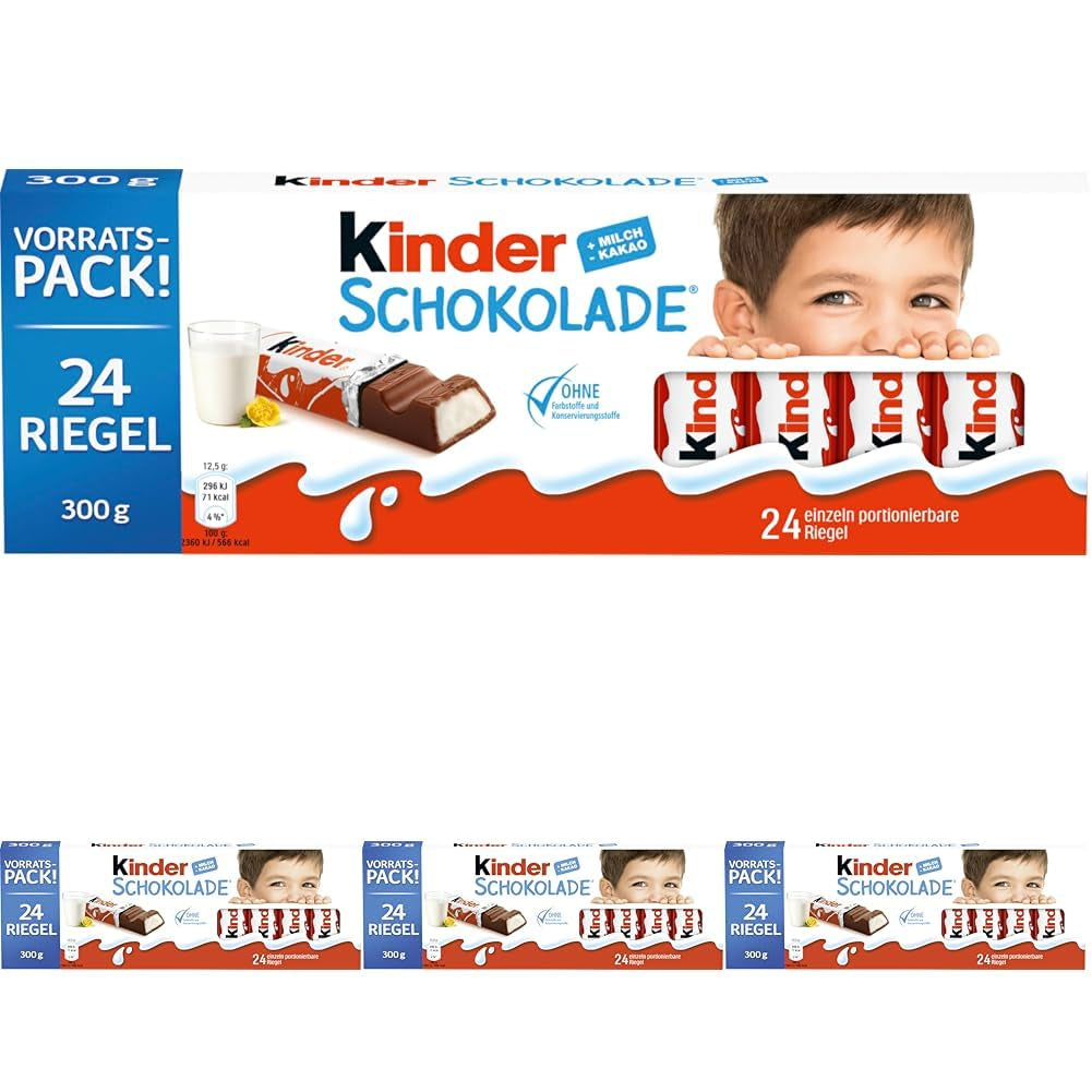 Kinder Chocolate - Barras de chocolate con leche rellenas - 1 paquete que contiene 24 barras individuales (24 x 12,5 g).