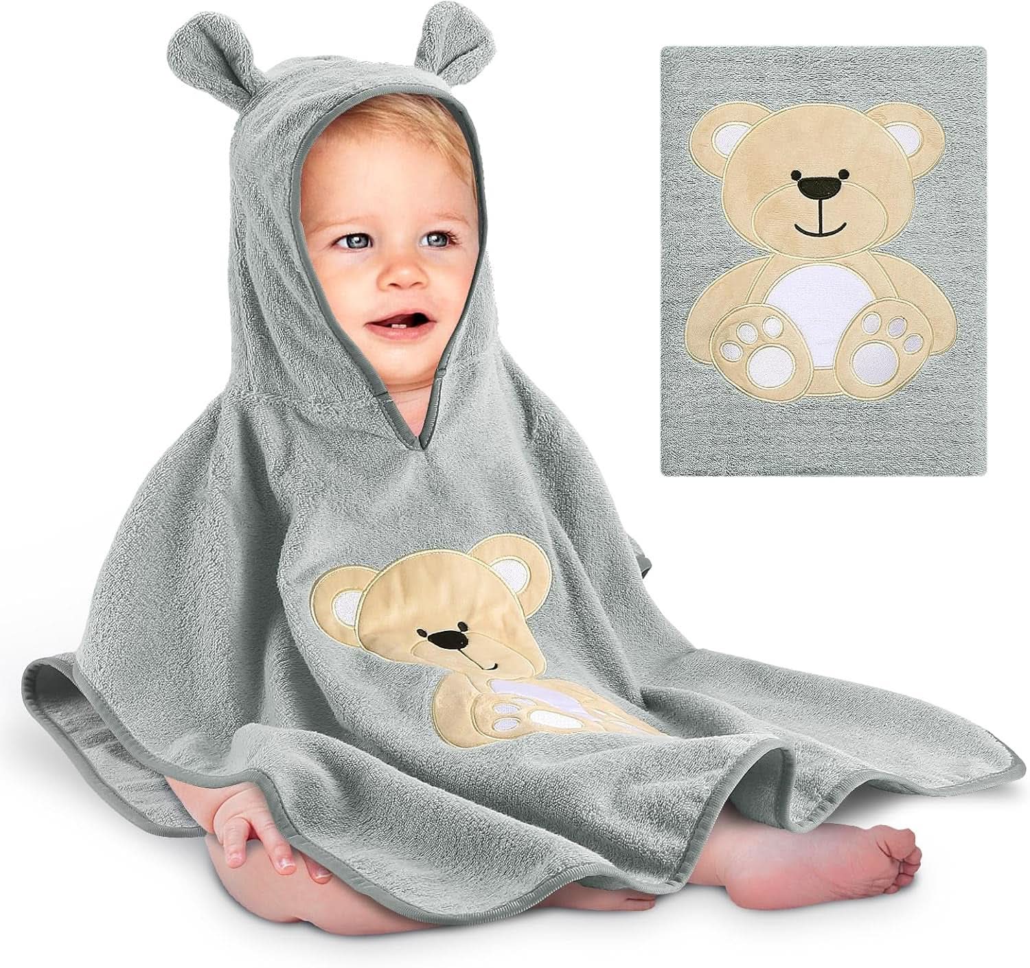 Poncho de baño infantil Oeko TEX, 100% algodón Madre e Niño Naty Shop Oso gris oscuro
