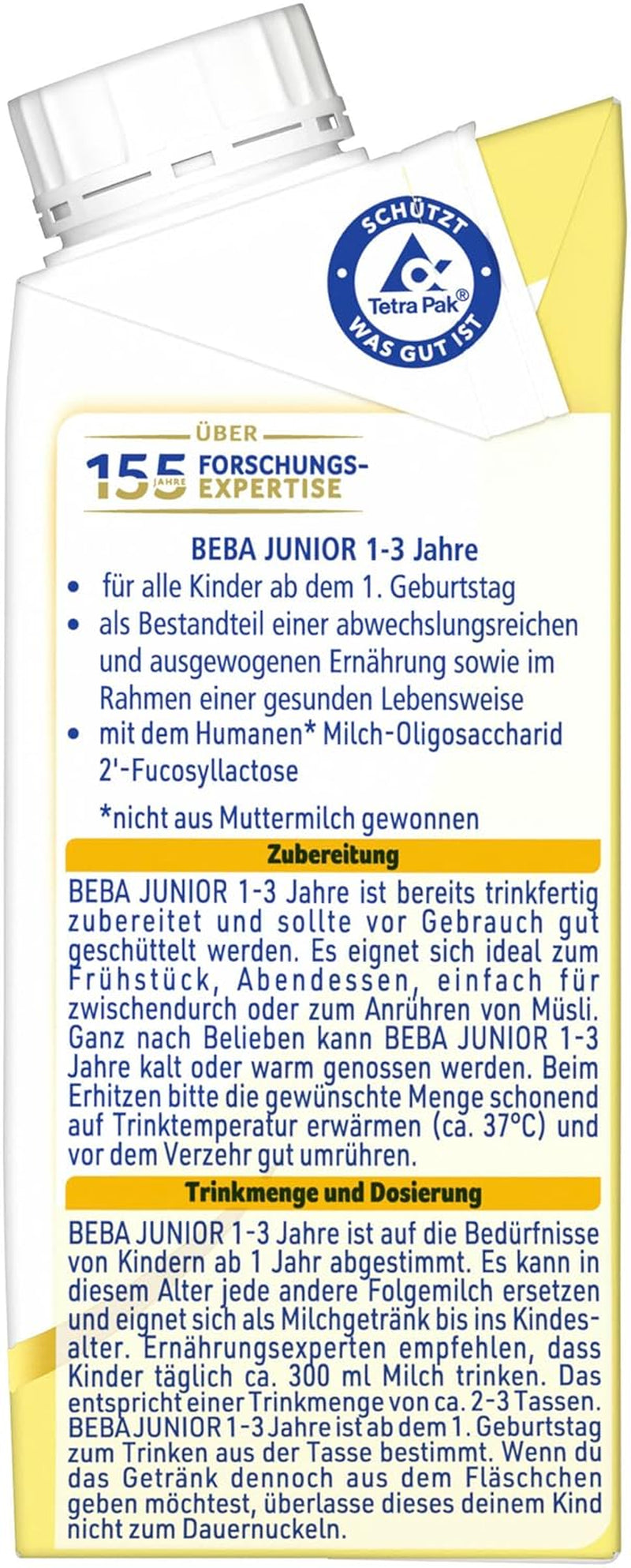BEBA Bebida de leche lista para beber para niños de 1 a 3 años, con HMO, contenido de proteínas apropiado para la edad, sin aceite de palma, sin aceite de pescado, comida para niños pequeños, paquete de 6 (6 x 200 ml)