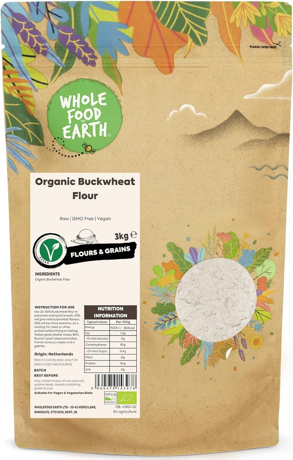 Wholefood Earth harina de trigo sarraceno ecológica 1kg | Crueles | Sin OGM | Vegano | Certificado orgánico