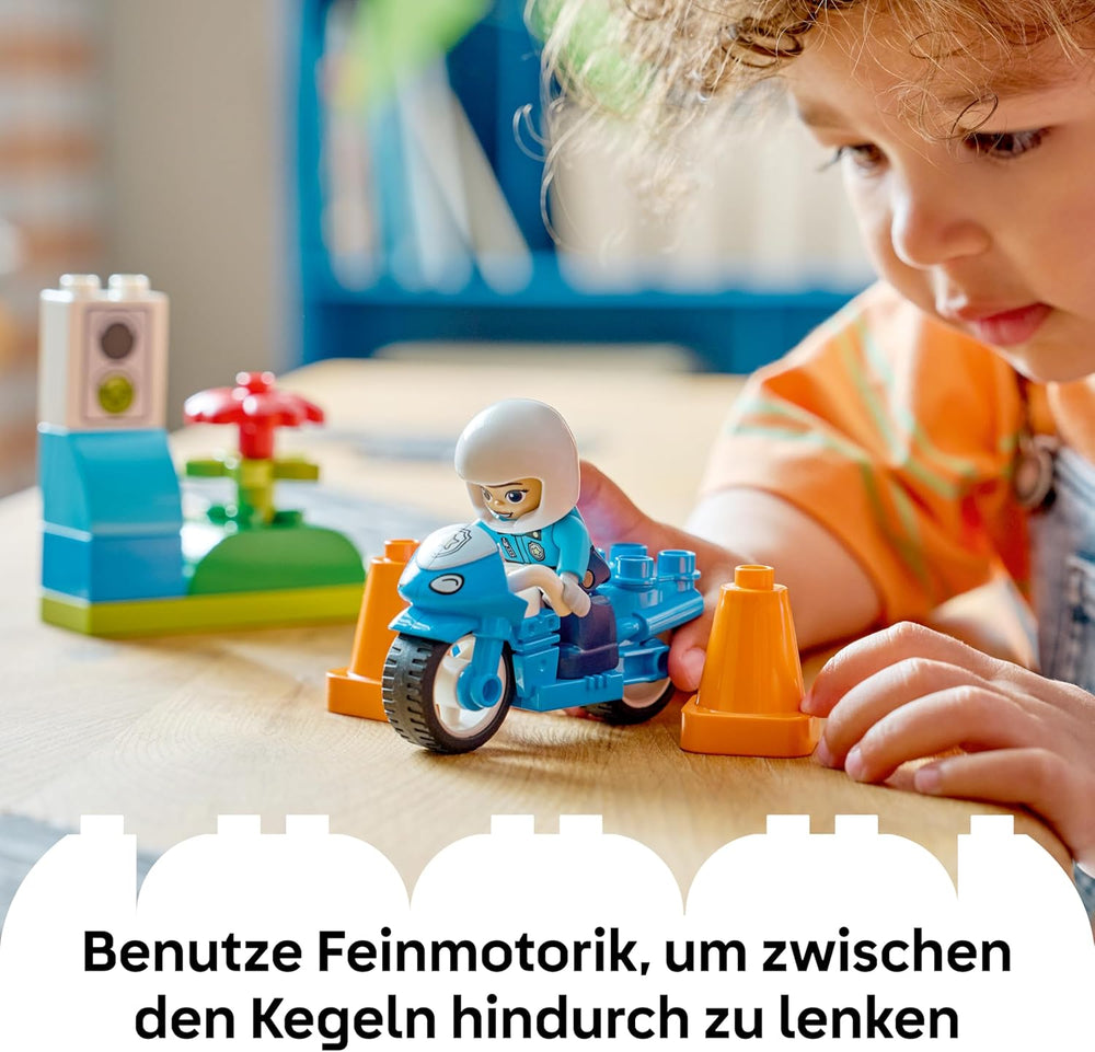 LEGO DUPLO Moto de policía azul - Lernspielzeug zur Förderung der Motorik für Kleinkinder - incl. Motorrad, Polizisten Figur und Verkehrsampel - Geschenk für Jungen und Mädchen ab 2 Jahren - 10471