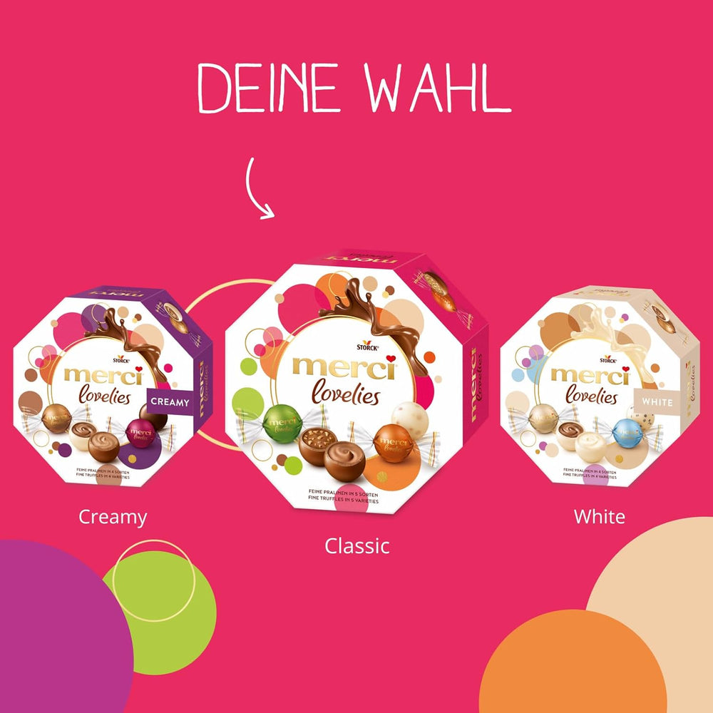merci lovelies Classic – 1 x 185g – Caja de praliné con 5 especialidades de chocolate rellenas – Bolas de chocolate para compartir y regalar