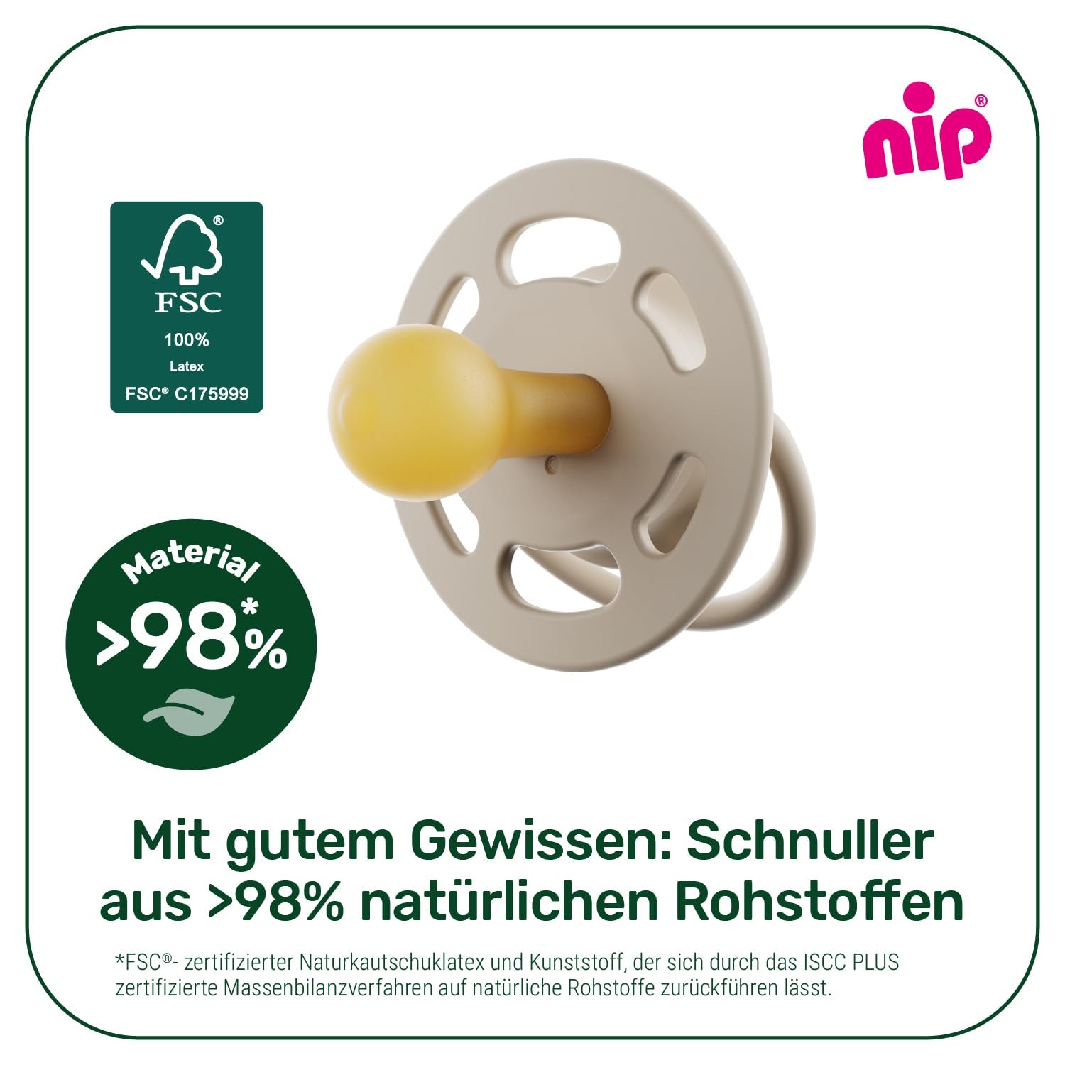 nip - Verde Cireș | 0-6 luni | Pachet de 4 | Suzetă pentru bebeluși, potrivită pentru alăptare și pentru dinți. Suzetă sustenabilă, fabricată din materii prime naturale, verde deschis/maro