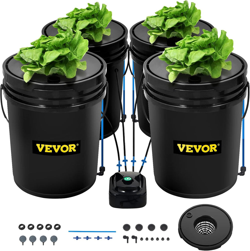 VEVOR DWC Sistema de cultivo hidropónico Kit de maceta de goteo Sistemas de cultivo hidropónicos Cultivo en aguas profundas 4 cubos de 20 litros con bomba de aire Piedras de aire e indicador de nivel de agua para vegetales de hojas verdes