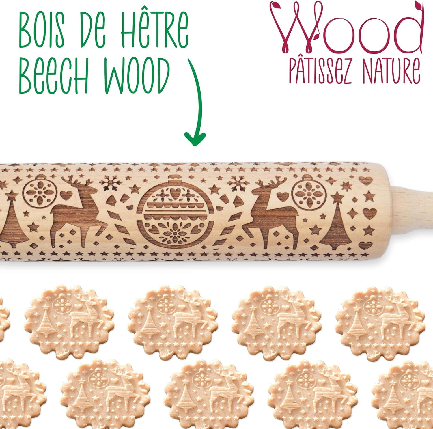 Scrap Cooking Teigrolle aus Holz "Xmas" mit weihnachtlichen Motiven – Prägerolle mit gepfragten Verzierungen für Kekse – Zubehör decorativo – 5242