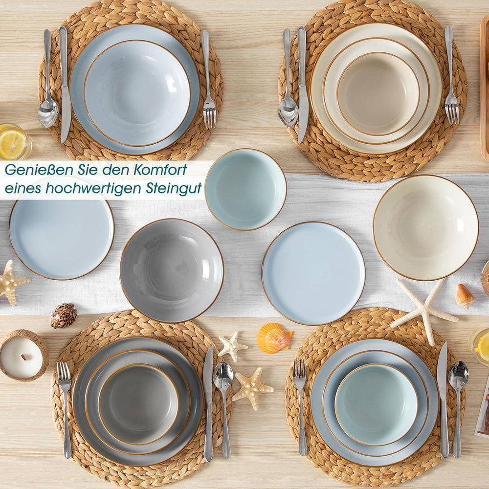 Geschirrset 6 Personen, vancasso RENO 24-tlg Steingut Teller Set Mix, Tafelservice mit je 6 Speiseteller, Dessertteller, Suppenteller, Müslischalen, Spülmaschinenfest & Mikrowellengeeignet, Mehrfarbig