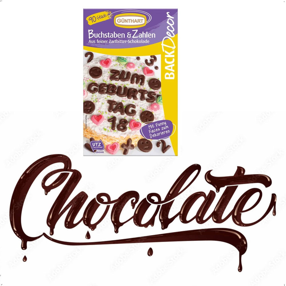 Günthart Backdecor, 90 piezas de letras, alfabeto y números de chocolate en fino chocolate negro, 47 gramos Naty Shop