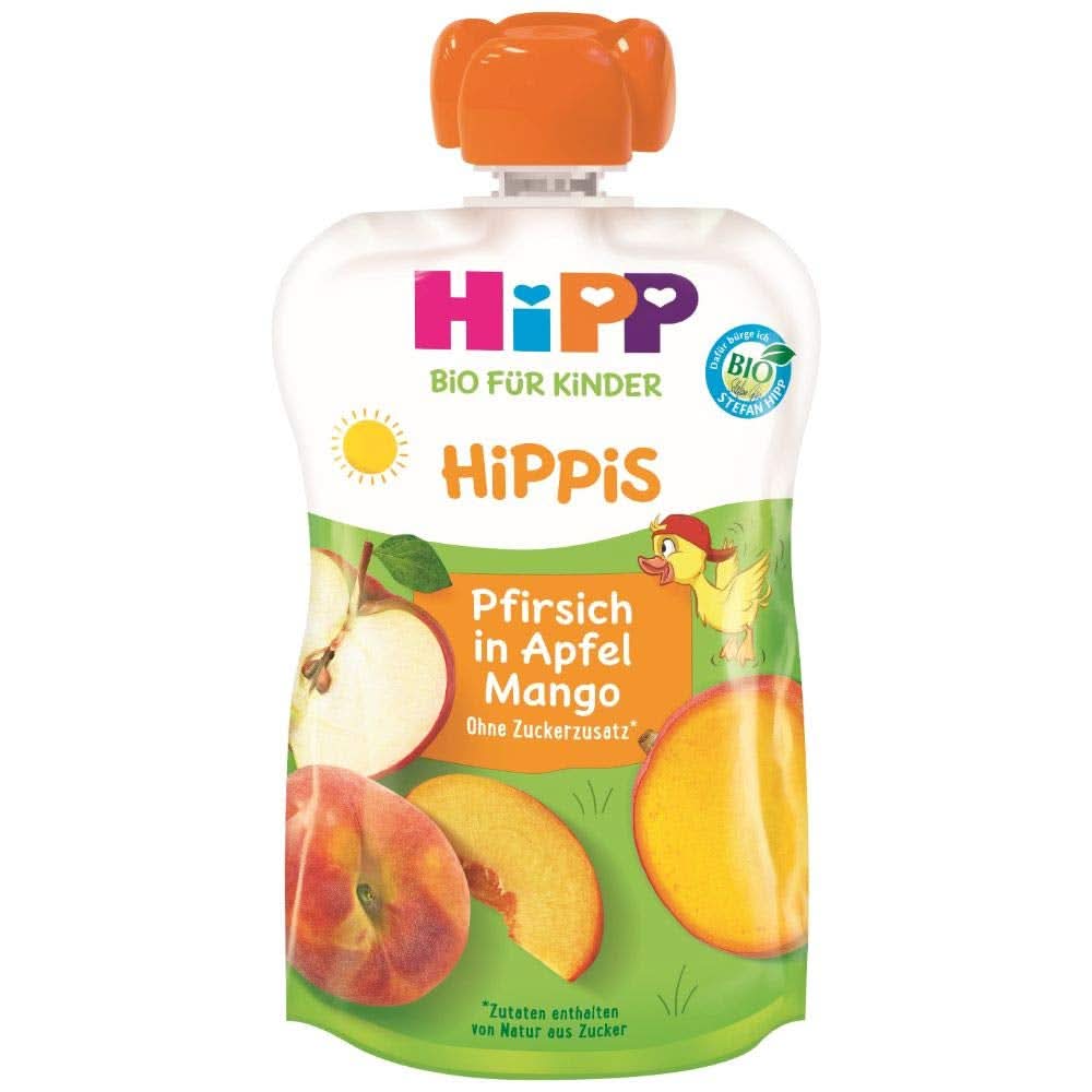 Bolsas exprimibles Hipp Super-Hippis, granada acerola en manzana-frambuesa, fruta 100% orgánica sin azúcares añadidos, 6 bolsas de 100 g Madre e Hijo Naty Shop 6 x 100 gramos Melocotón Manzana Mango